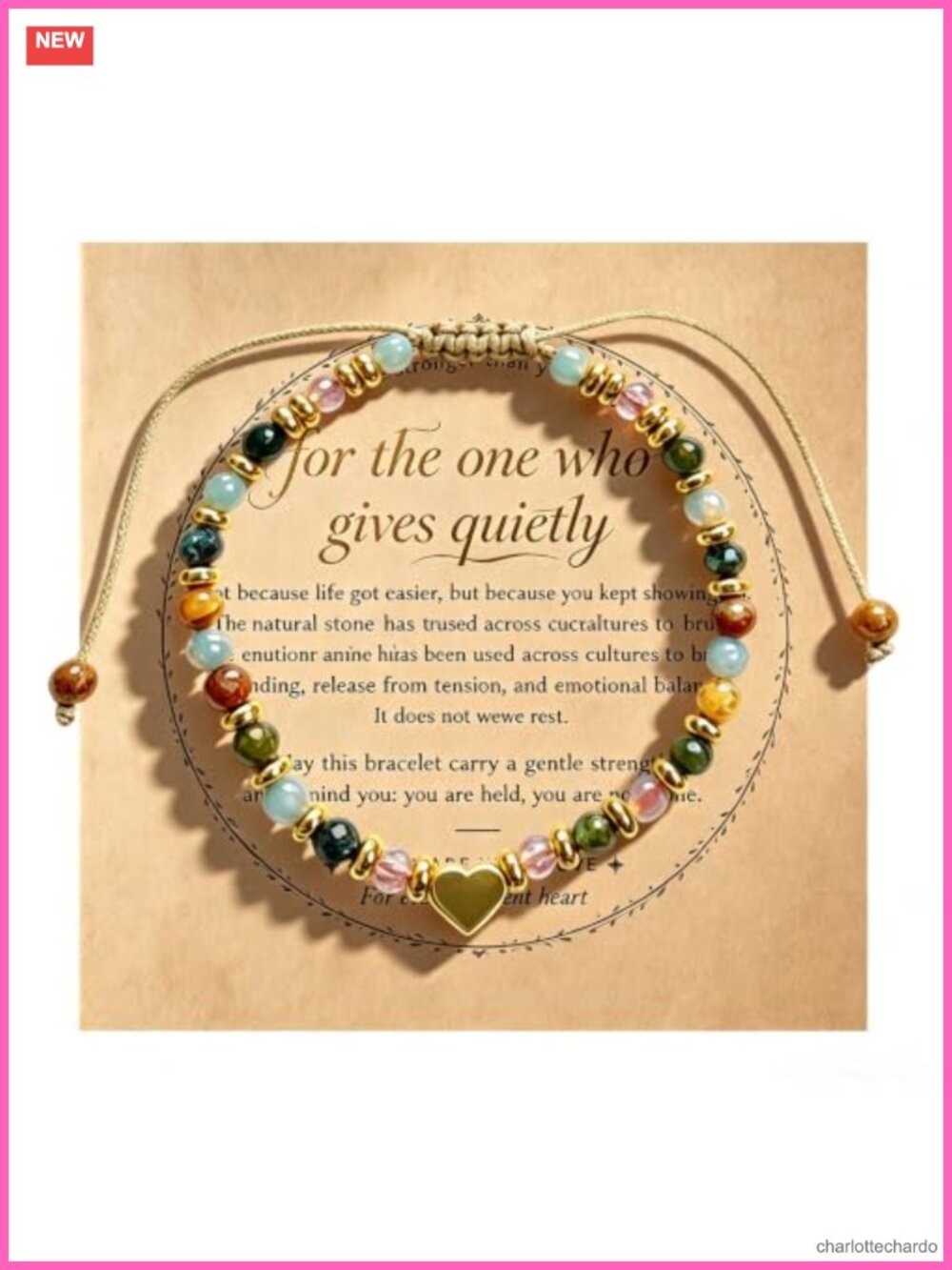 Natural Stone Inspirational Bracelet Heart Charm Adjustable